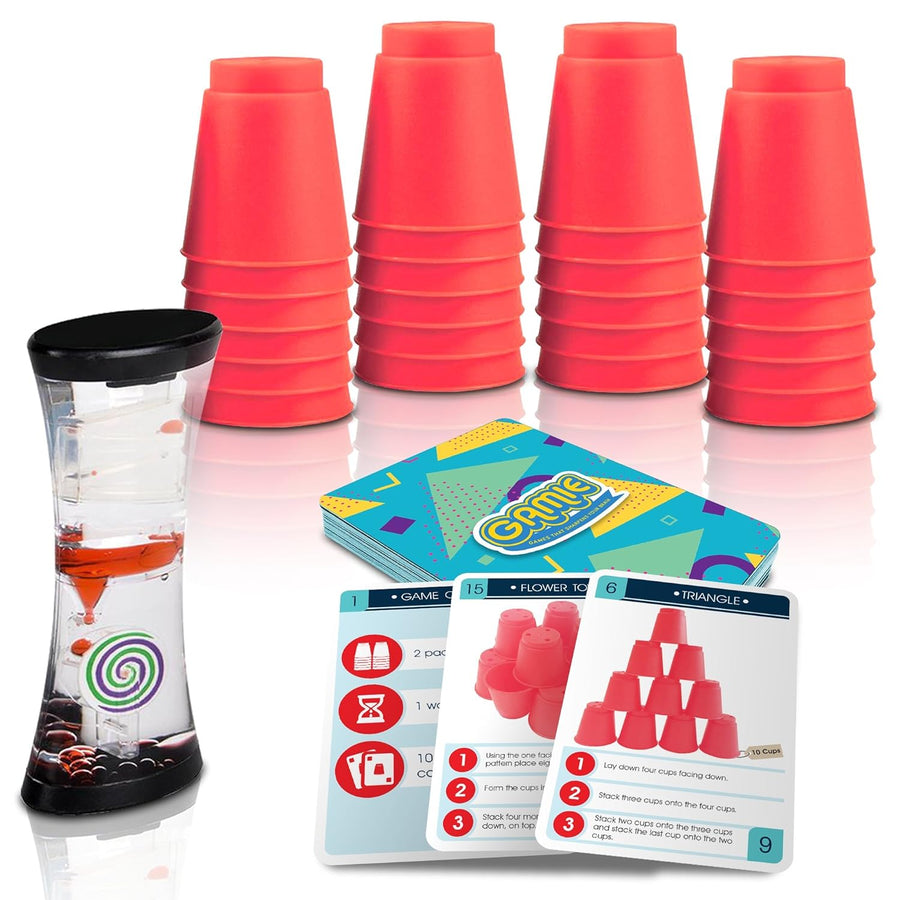 Stacking Cups Game with 18 Challenges and Water Timer, 24 Plastic Cups, Classic Family Game, Idea for Boys and Girls, Tons of Fun