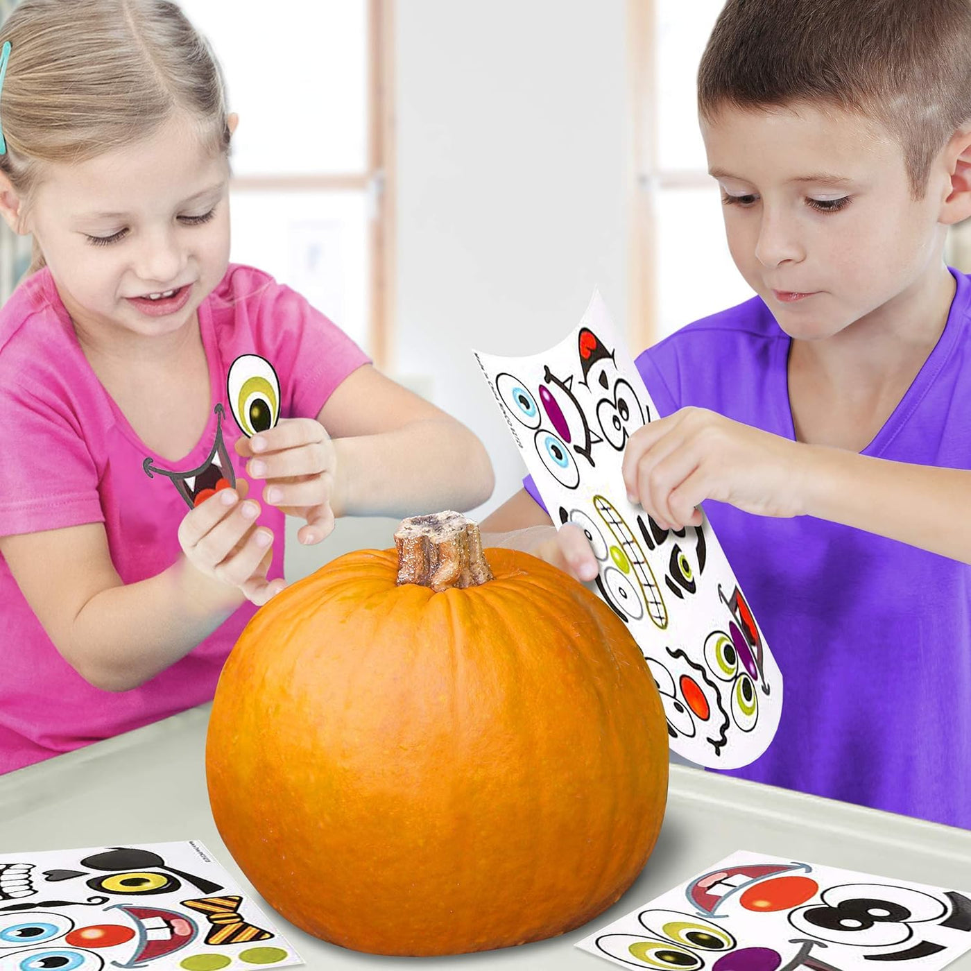 ArtCreativity Halloween Pumpkin Decorating Stickers - 12 Large Sheets - Jack-o-Lantern Decoration Kit - 26 Total Face Stickers - Cute Halloween Decor Idea - Treats, Gifts, and Crafts for Kids- 6" x 9"
