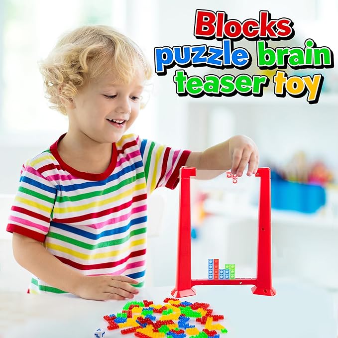 Gamie Tetriminos Blocks Game - 3D Puzzles for Kids and Adults with 50 Game Pieces, Game Board, and Drawstring Bag - Retro-Inspired Brain Teaser Puzzles - Intelligence Toys for Kids Ages 3 4 5