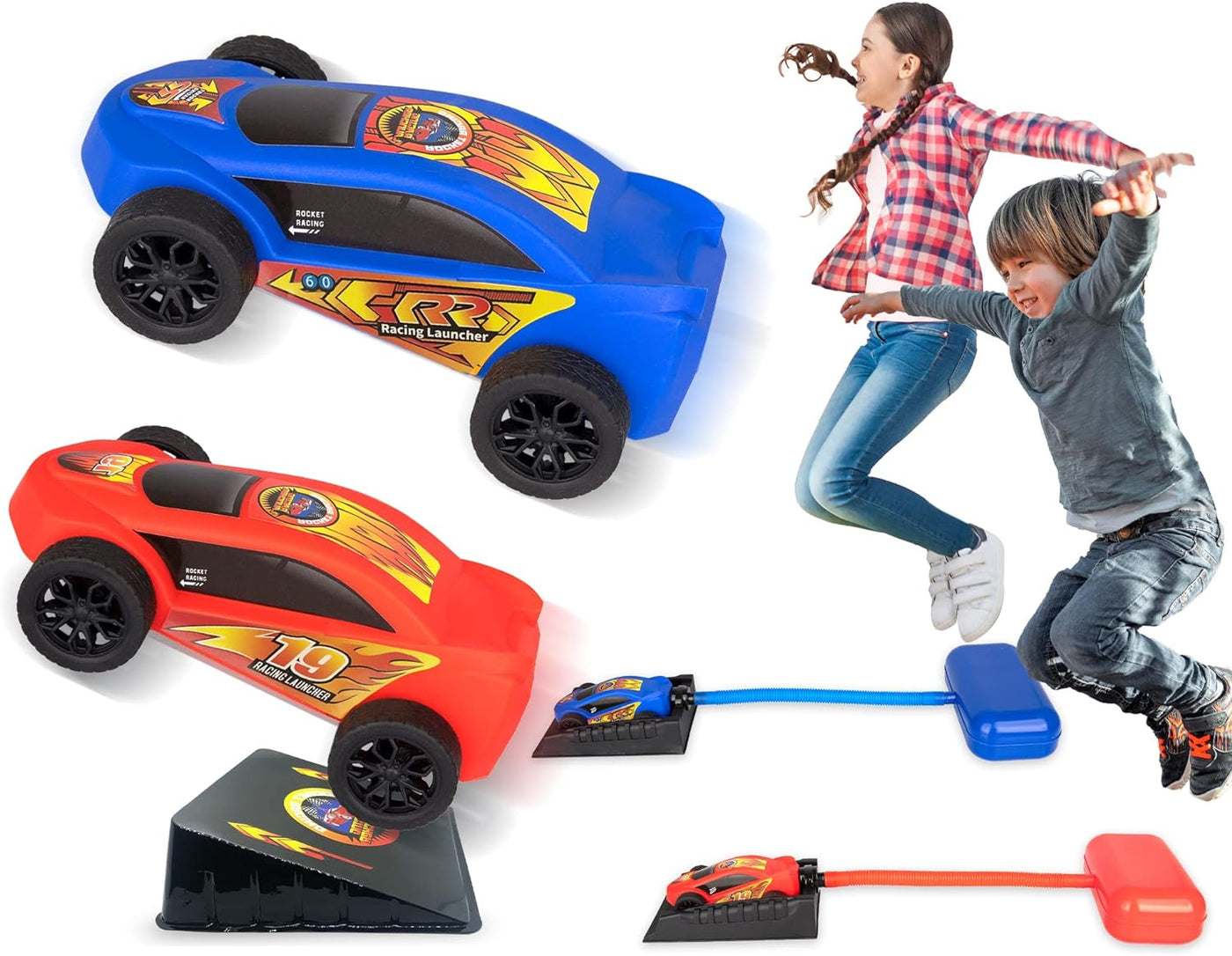 Car Rocket Launcher For Kids Super Catapult Car Racers, Includes 2 Cars, 2 Stomp Launchers, Ramp, finish line, & Decorating Decals, Car Toys for Boys & Girls, Adrenaline-Pumping Outdoor Toys for Kids