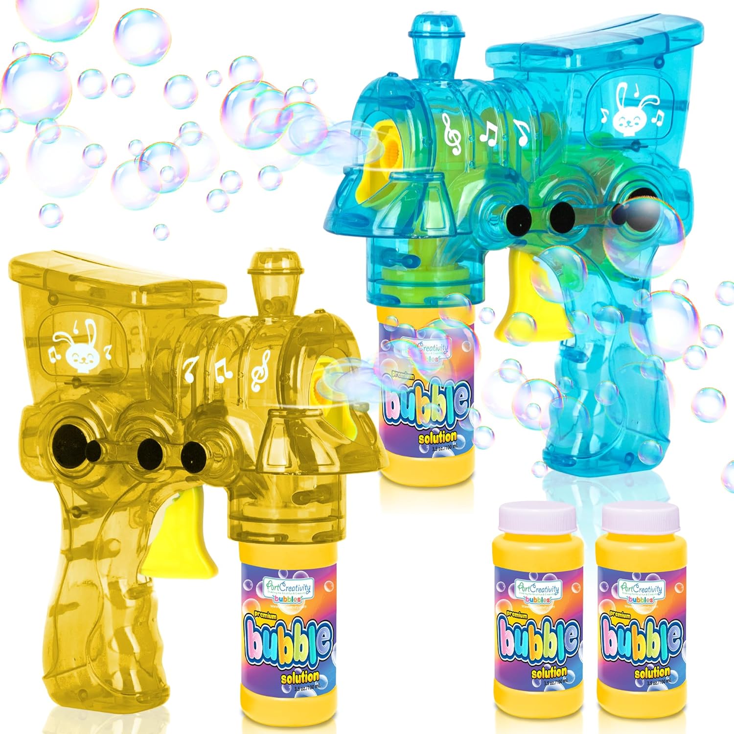 LED Bubble Gun Trains for Kids, 2 Pack Light Up Bubble Gun Blasters and 4 Bottles of Bubble Fluid, Small Bubble Guns (Bulk) for Indoor and Outdoor Fun, No Batteries Included