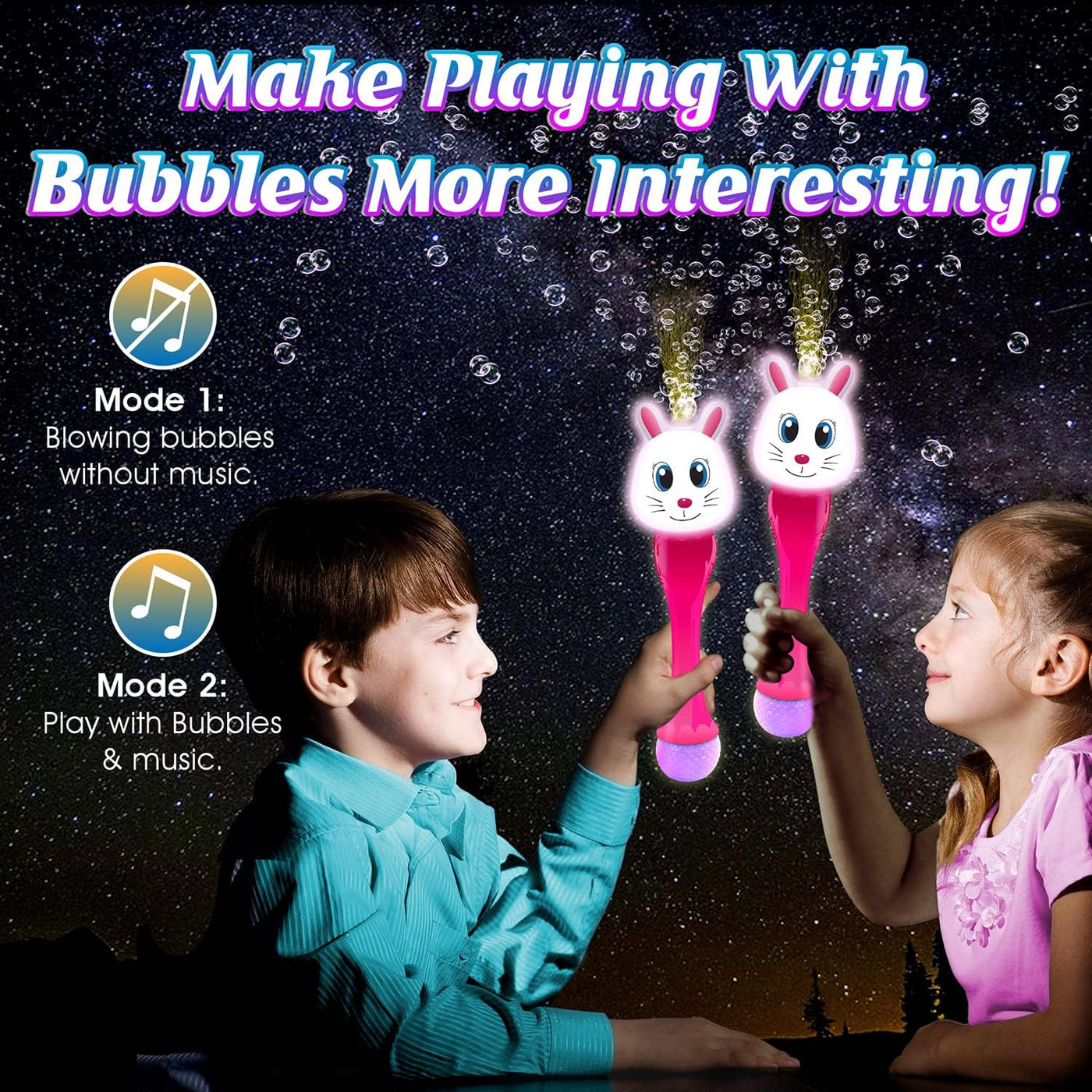 Light Up Bunny Easter Bubble Wands - Set of 2 Bunny Bubble Wands - 14 Inch Illuminating Blower with Thrilling LED & Sound Effect, Bubbles for Kids - Bubble Toys, Easter Basket Stuffers for Toddler