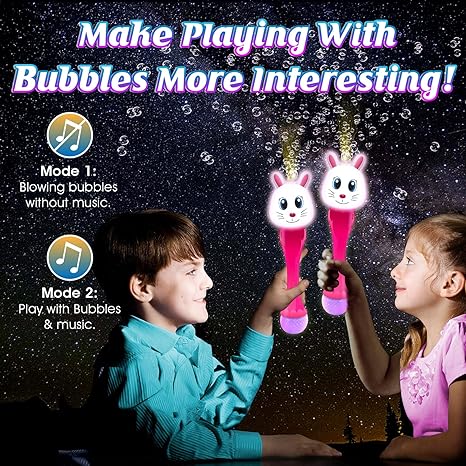 Light Up Bunny Easter Bubble Wand, 14 Inch Illuminating Blower with Thrilling LED & Sound Effect, Bubbles for Kids Ages 3 4 5 6 Bubble Toys, Easter Basket Stuffers for Toddler