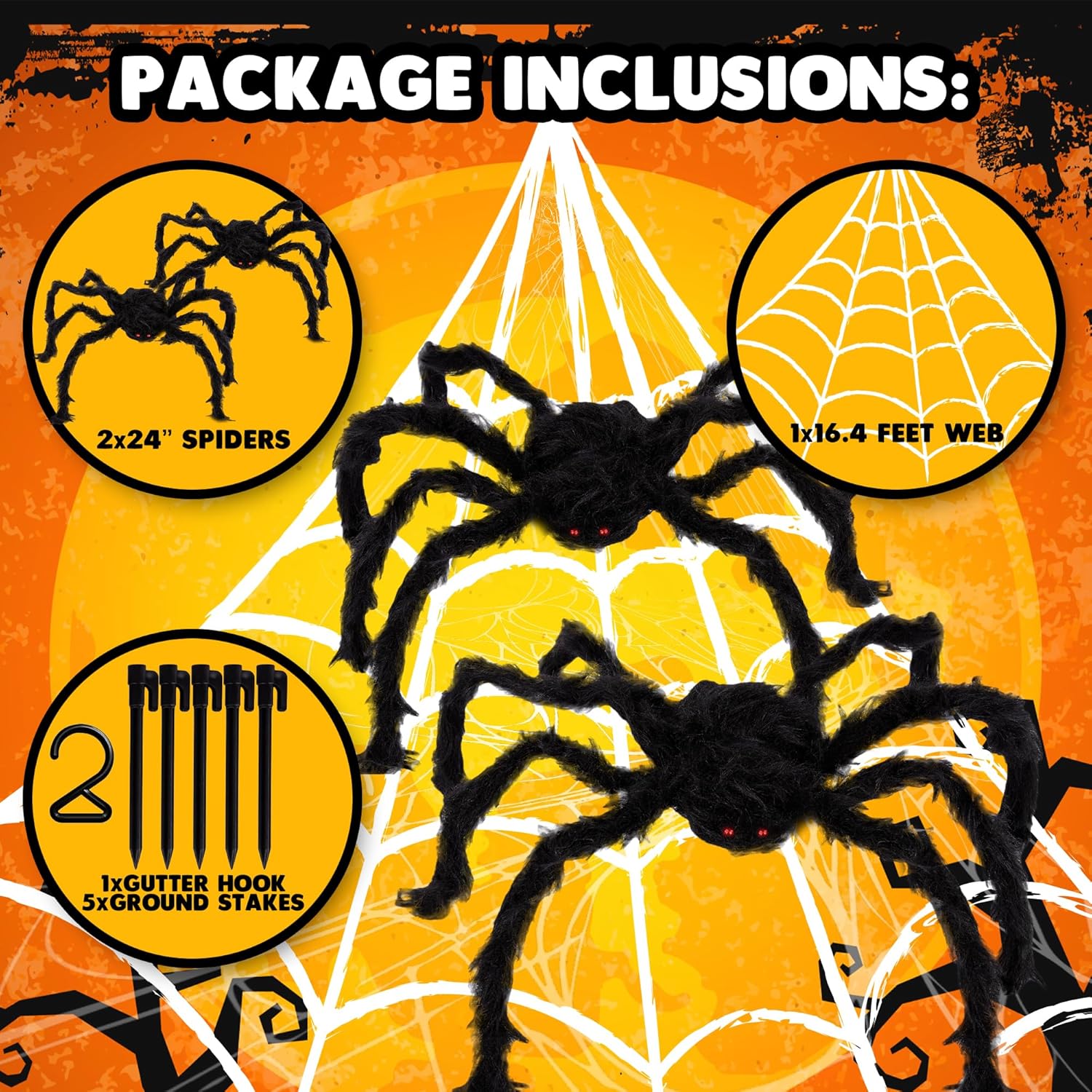 Giant Spider Halloween Decorations, Includes Two 24" Spiders and a 16.4' Spider Web, Outdoor Spider Web Decoration with 2 Giant Spiders, Outdoor Halloween Decorations for Haunted House