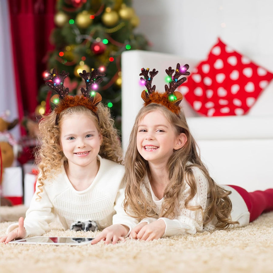 Light Up Christmas Reindeer Headbands - Reindeer Ears Headbands with LED Lights and Jingling Bells