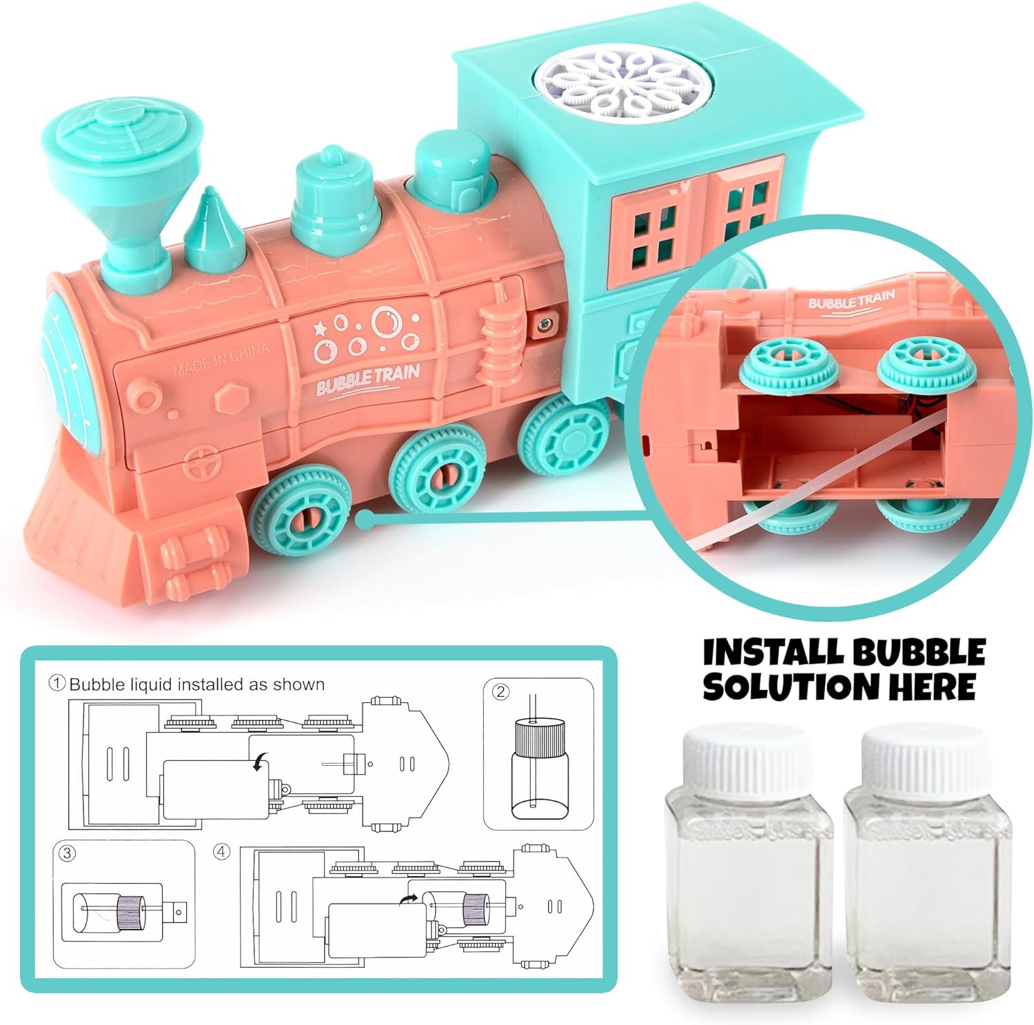 Bubble Blowing Toy Train with Lights, Includes 2 Bottles Bubble Solution, Friction Powered LED Toy Train for Boys & Girls, Bubble Blower Machine Outdoor Activity, Birthday Gift for Kids