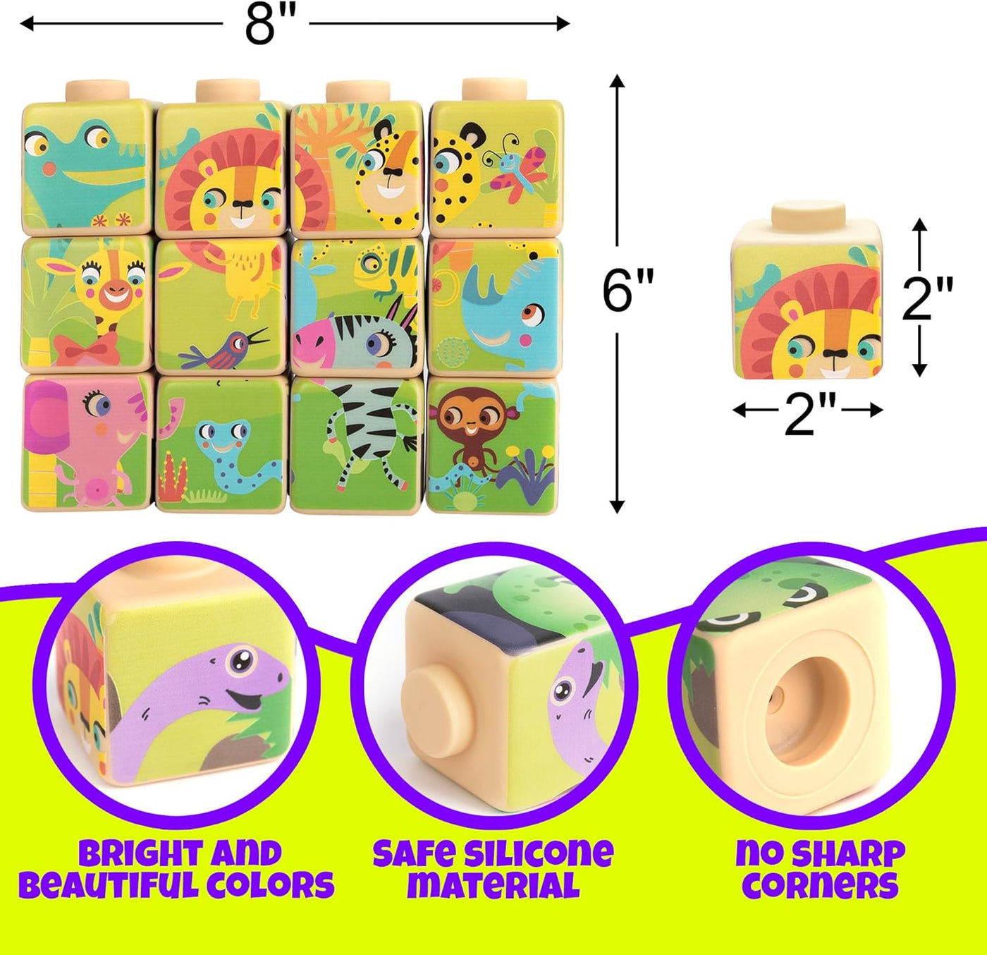 ArtCreativity Silicone Picture Puzzle Blocks for Kids, 12 Stacking Baby Blocks with Four Different Pictures Printed on The Sides, 2" Soft Toy Building Blocks for Toddlers