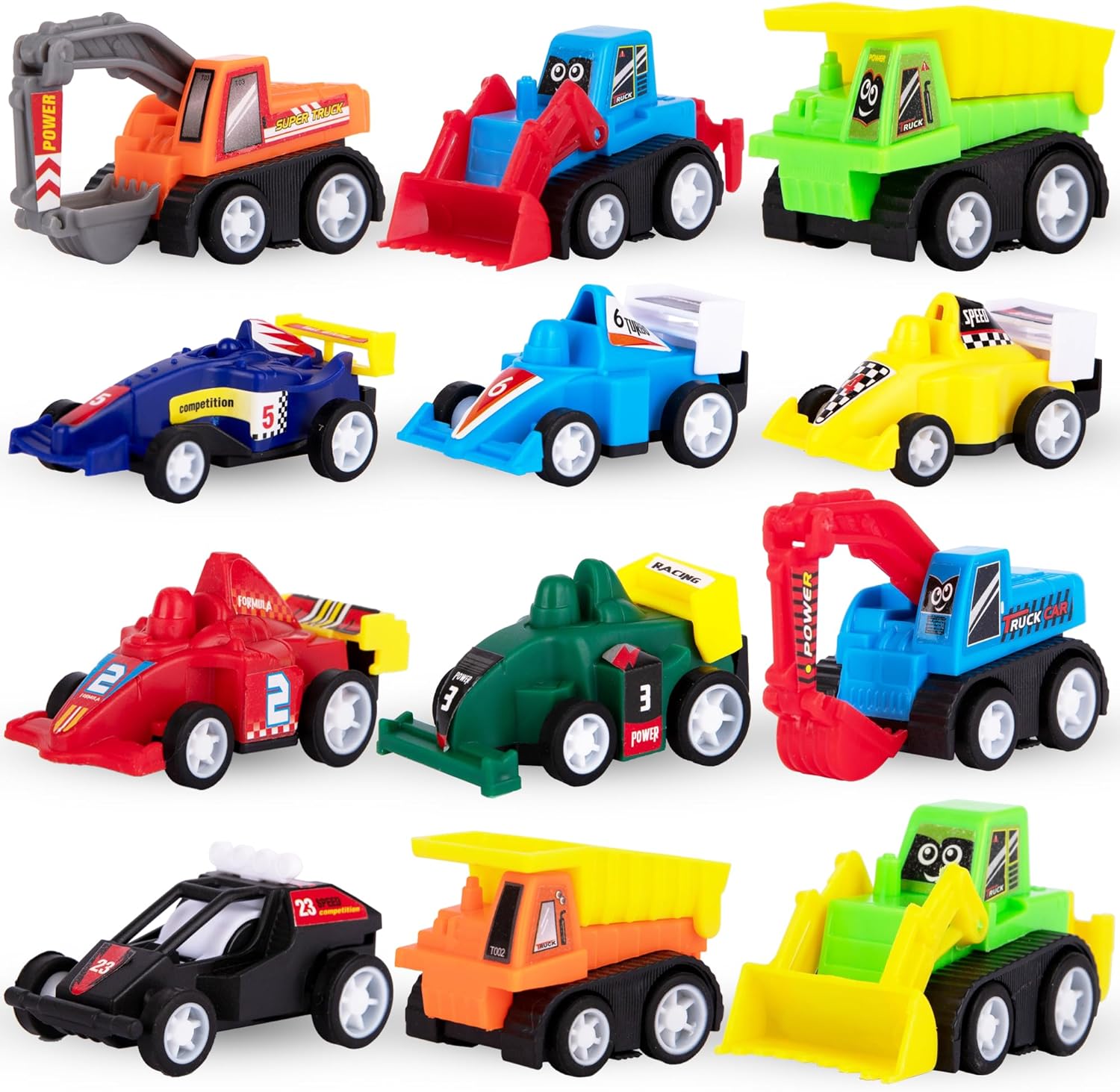 ArtCreativity Mini Pull Back Vehicles (Bulk) - Set of 12 Mini Car and Contruction Trucks - Pull Back Car Toys for Kids with Construction Vehicles and Race Cars - Fun Car Toys for Toddlers