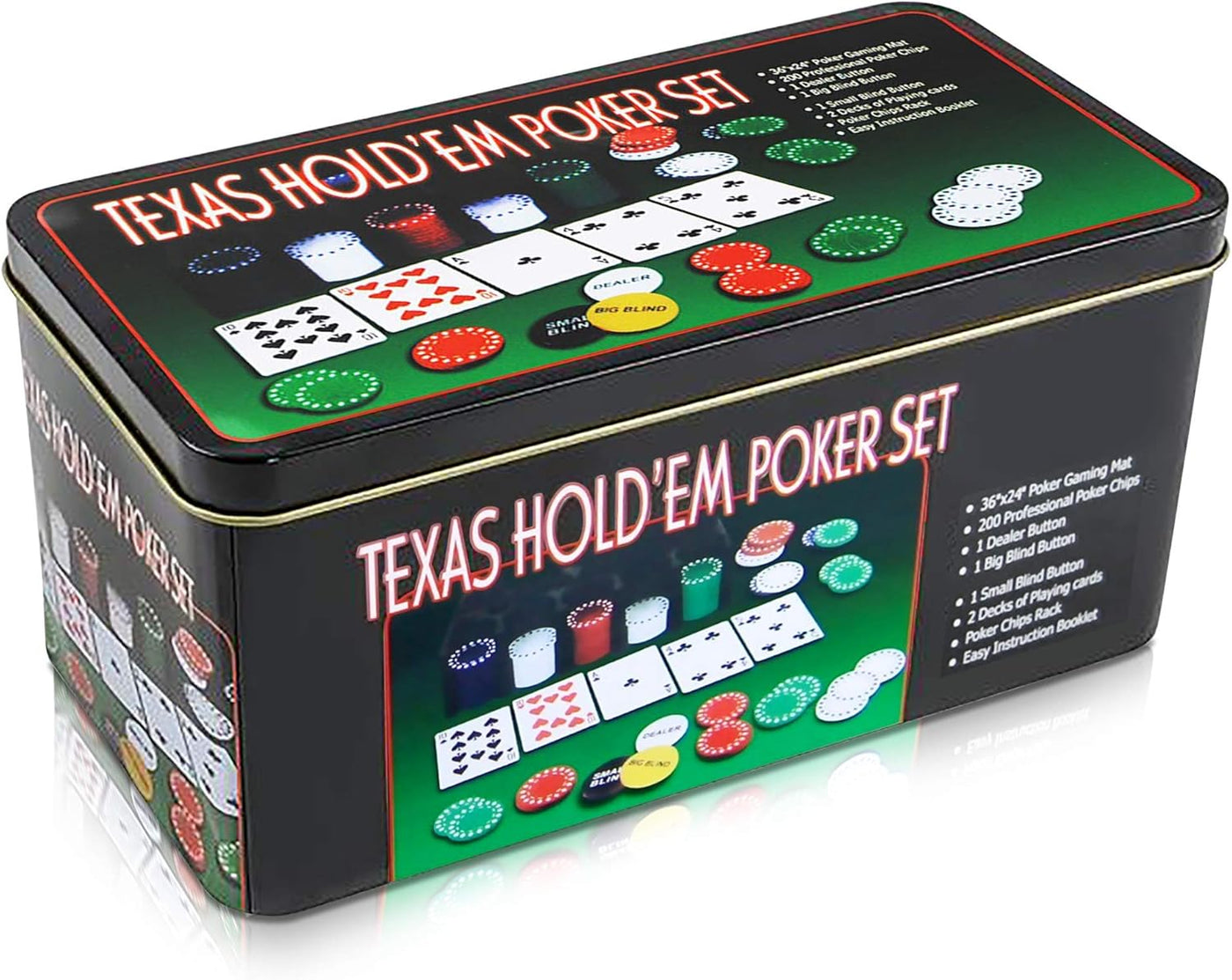 Texas Holdem Poker Game Set - Includes Hold’em Mat, 2 Card Decks, Chips, Chip Holder and Tin Storage Box