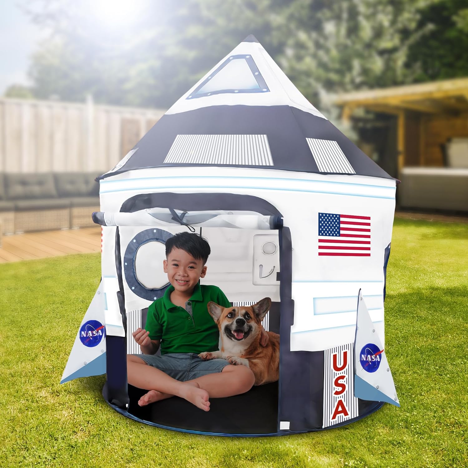 ArtCreativity Rocket Ship Pop Up Play Tent, Kids Pop Up Playhouse Tent with Carry Bag & Stabilizing Rods, Spacious Kids Indoor & Outdoor Tent, Easy-Install Spaceship Tent for Space Birthday Decoration