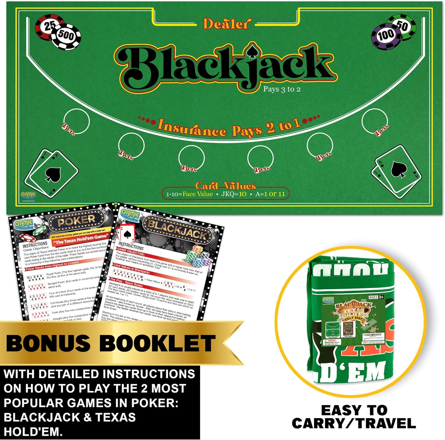 Gamie Double Sided Felt Casino Mat, 36” x 72” for Blackjack & Texas Hold’em Poker, 2-in-1 Texas Holdem Poker Mat & Blackjack Mat, Professional Grade Felt Poker Tabletop Mat with Instructions Booklet