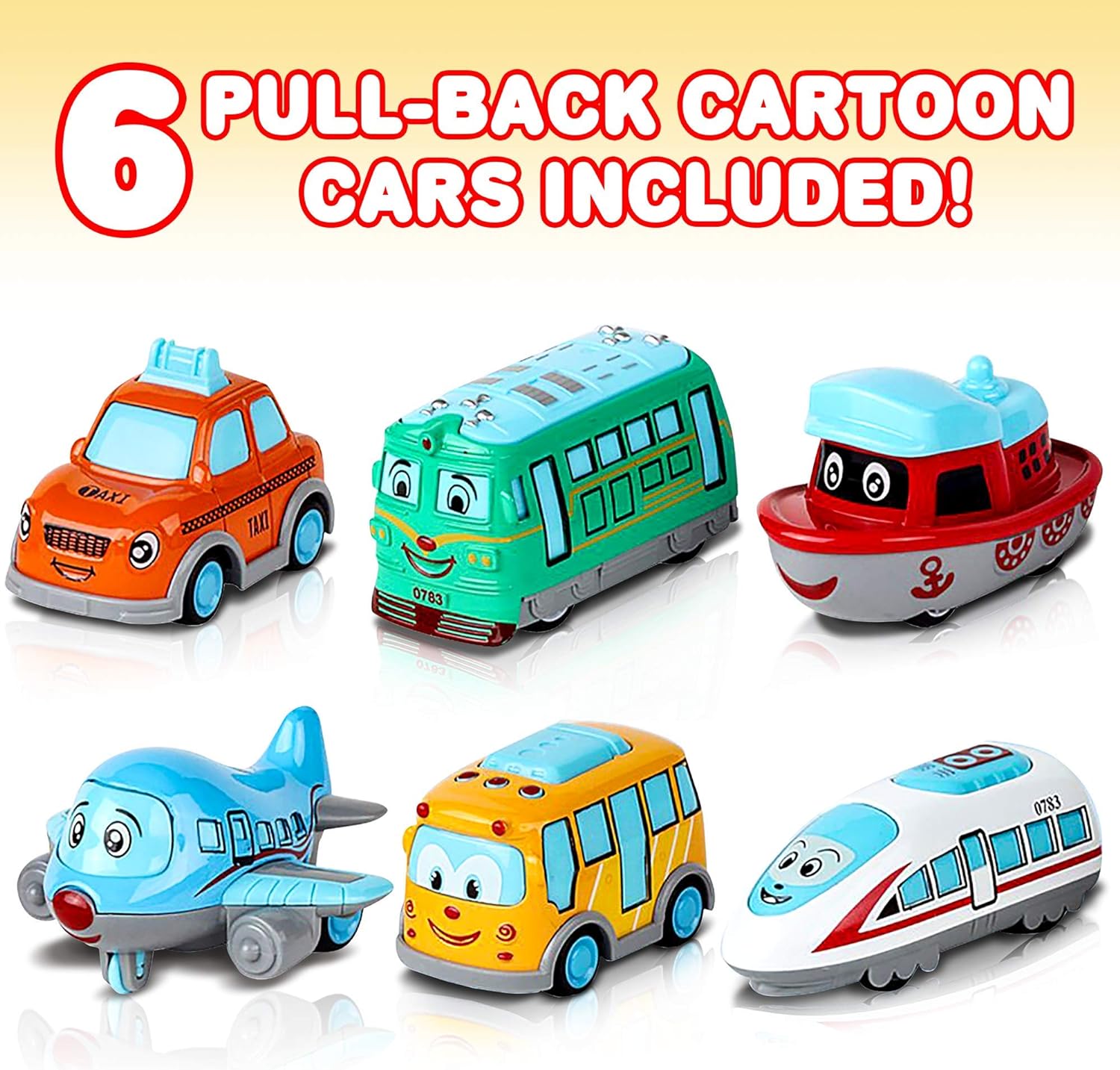 ArtCreativity Metal Cartoon Car Set - Set of 6 Mini Pullback Toy Cars - Pullback Train, Bus, Taxi, Tram, Plane and Ship - Party Favors, Best Birthday Gift for Boys, Girls, Toddlers