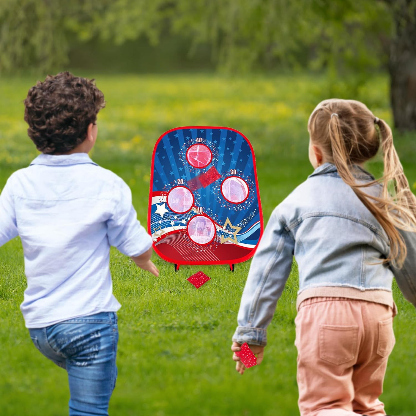 ArtCreativity 2 in 1 Bean Bag Toss Game and Sticky Ball Darts Game - Indoor and Outdoor Bean Bag Toss for Kids - Pop-Up Design for Quick Setup - Toddler Throwing Game with American Patriotic Theme