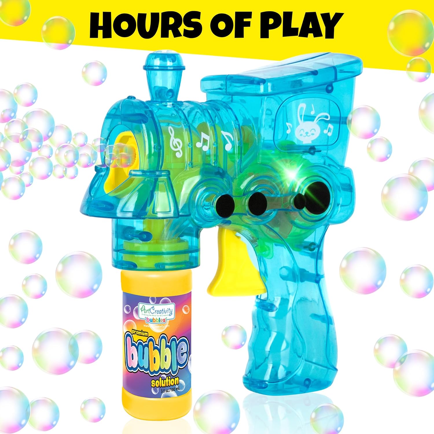 LED Bubble Gun Trains for Kids, 2 Pack Light Up Bubble Gun Blasters and 4 Bottles of Bubble Fluid, Small Bubble Guns (Bulk) for Indoor and Outdoor Fun, No Batteries Included