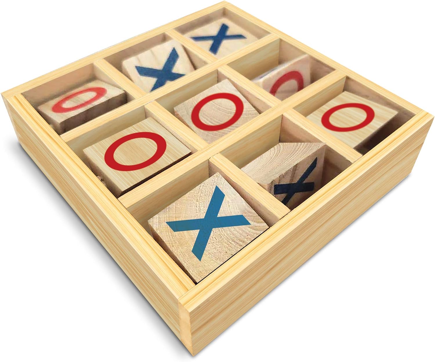 Wooden Tic-Tac-Toe Game, Small Travel Game with Fixed Spinning Pieces, Classic Wood Game for Kids, Fun Indoor Game Night Activity for Boys and Girls