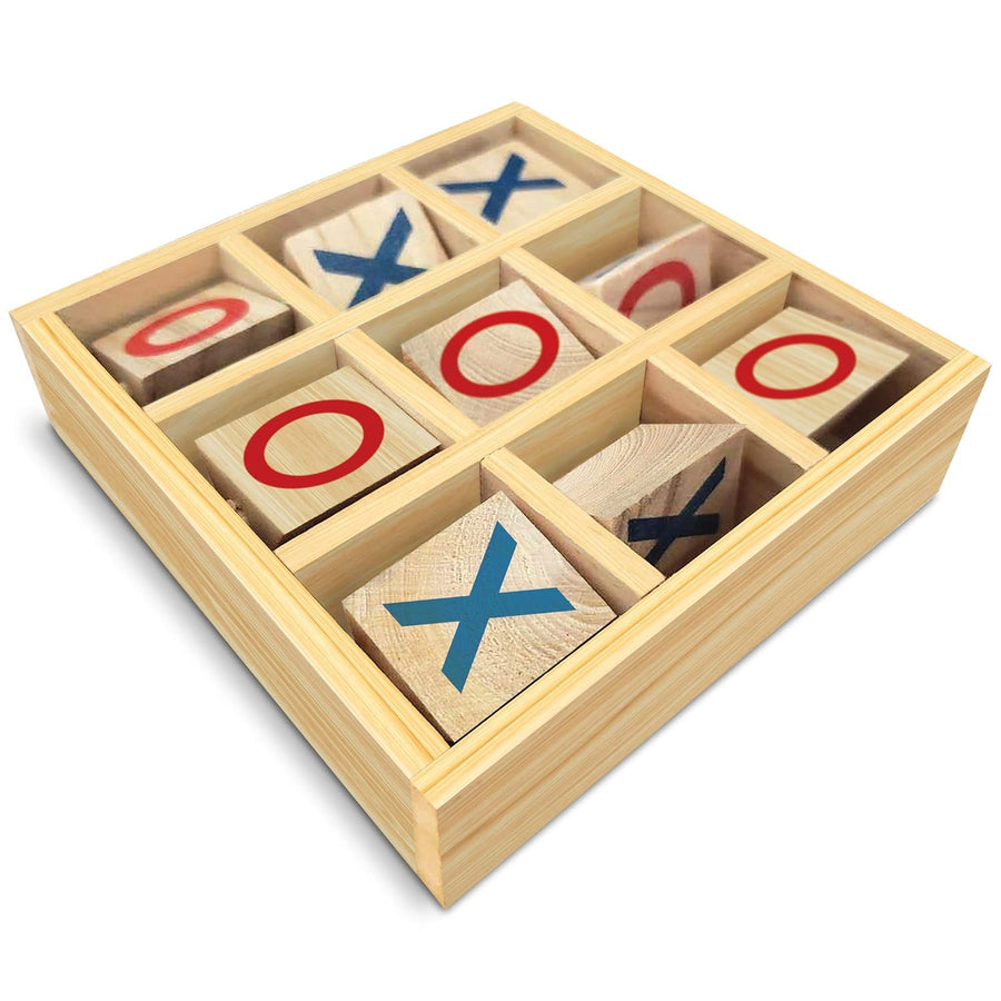 Wooden Tic-Tac-Toe Game, Small Travel Game with Fixed Spinning Pieces, Classic Wood Game for Kids, Fun Indoor Game Night Activity for Boys and Girls