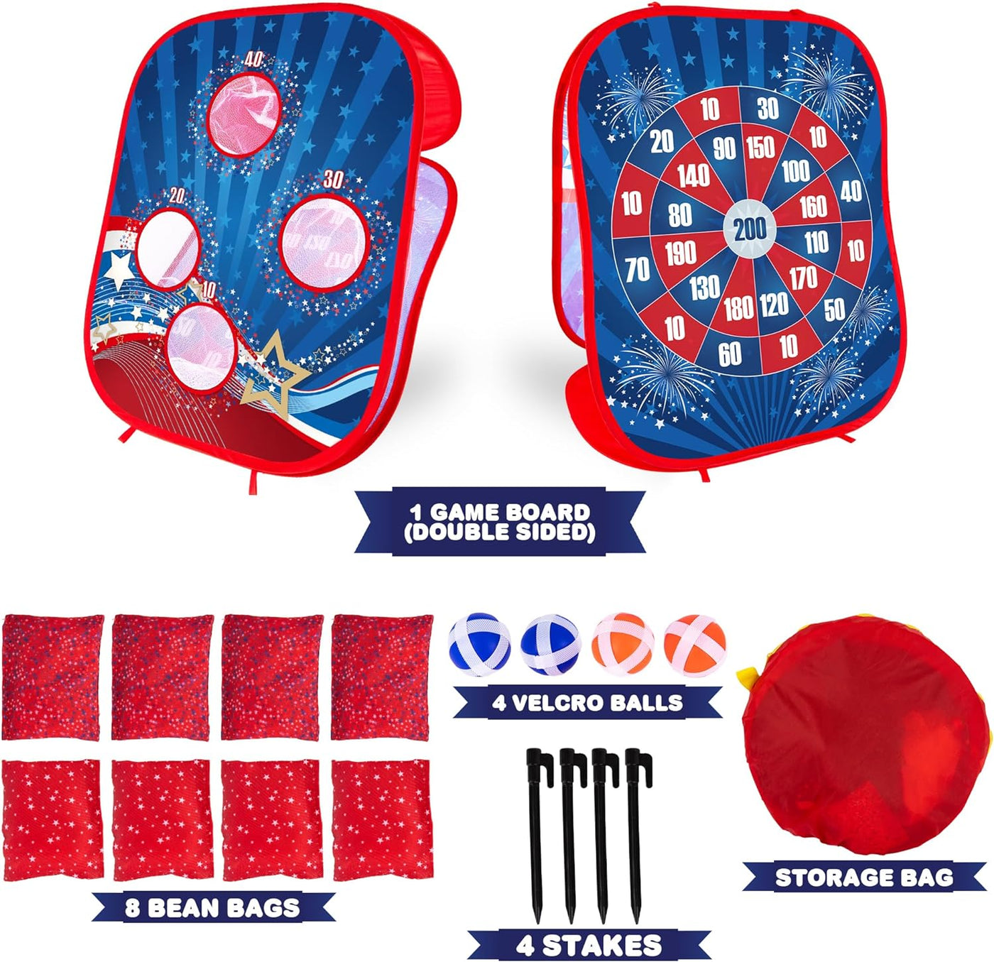 ArtCreativity 2 in 1 Bean Bag Toss Game and Sticky Ball Darts Game - Indoor and Outdoor Bean Bag Toss for Kids - Pop-Up Design for Quick Setup - Toddler Throwing Game with American Patriotic Theme