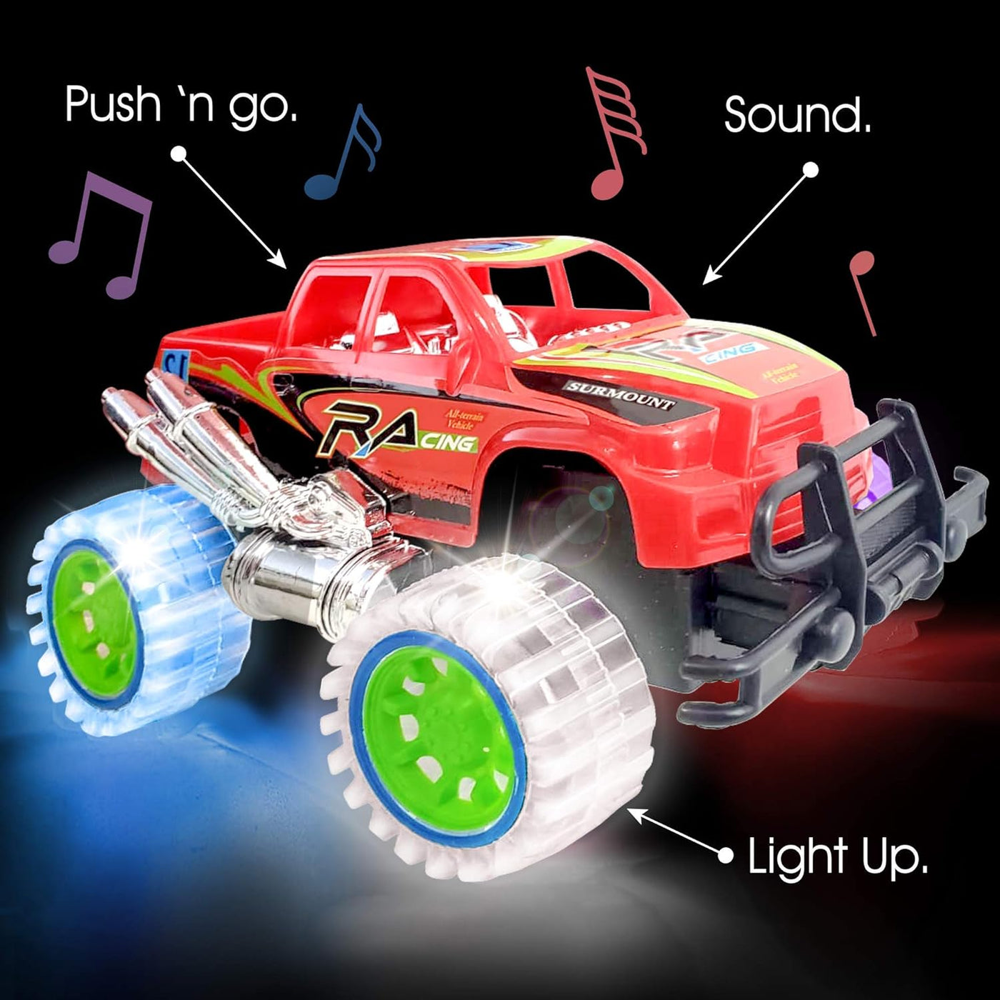 ArtCreativity Light-Up Red Monster Truck with Sounds, 9 Inch Monster Truck with Flashing Wheels and Friction Motor, Push n Go Toy Car, Best Birthday Gift for Boys and Girls Ages 3+