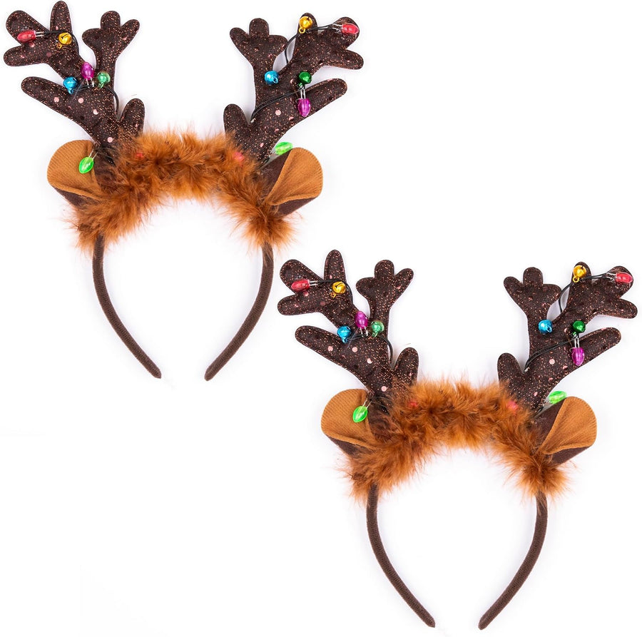 Light Up Christmas Reindeer Headbands - Reindeer Ears Headbands with LED Lights and Jingling Bells