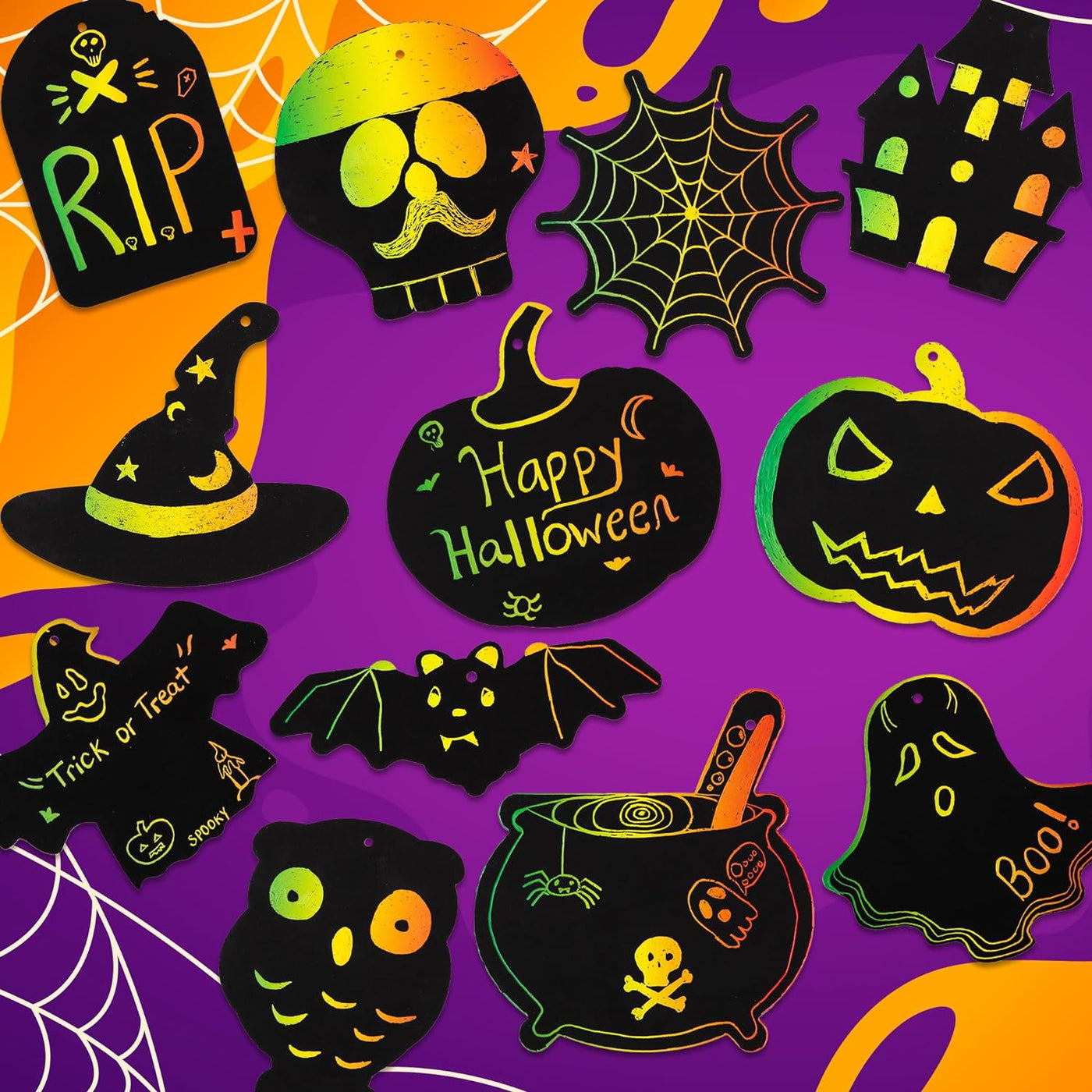 ArtCreativity Halloween Scratch Art for Kids - 60 Sets of Scratch Paper - Halloween Crafts (Bulk) with 60 Designs, 60 Sticks, & 60 Pieces of Red String - Scratch Art Party Favors for Kids Classroom