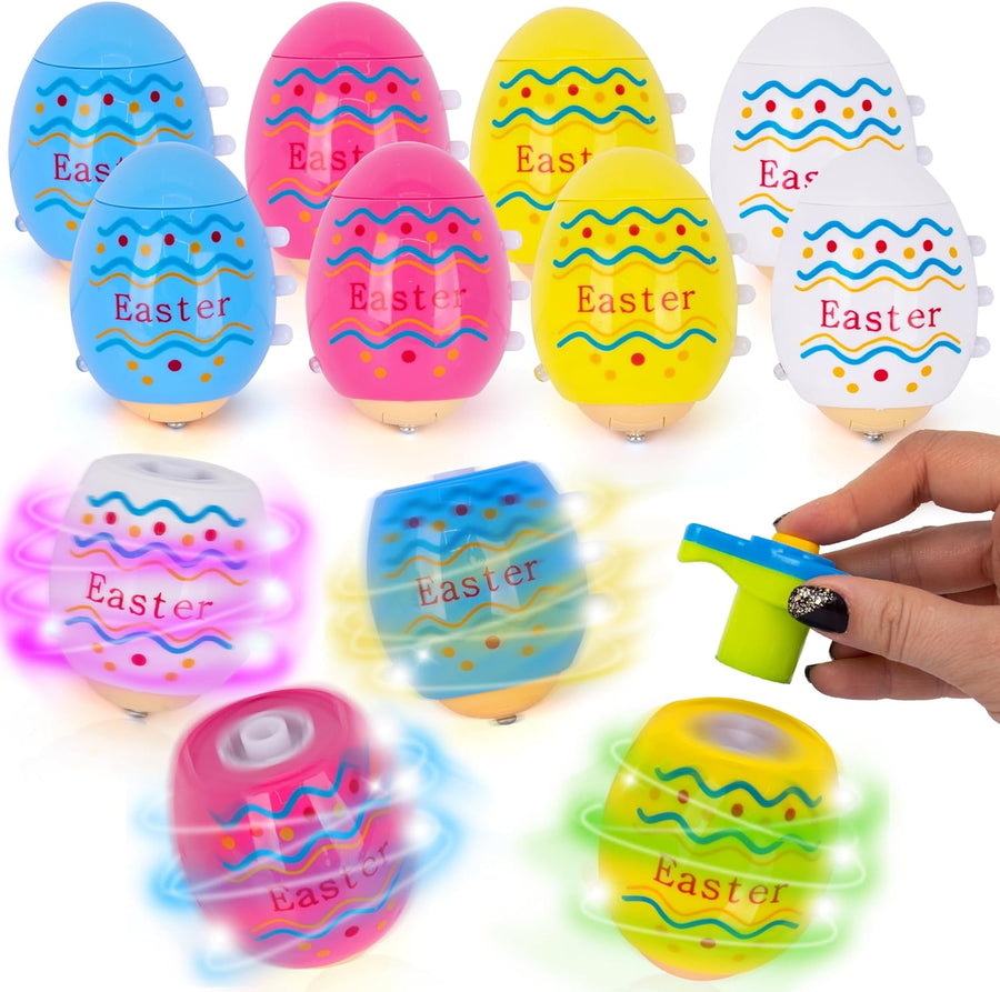 ArtCreativity 12 Pack Easter Egg Spinning Tops for Kids - Set of 12 Top Spinners - Light Up Spinner Easter Egg Toys with LED Lights and Music - Fun Easter Egg Hunt Supplies - Easter Basket Fillers