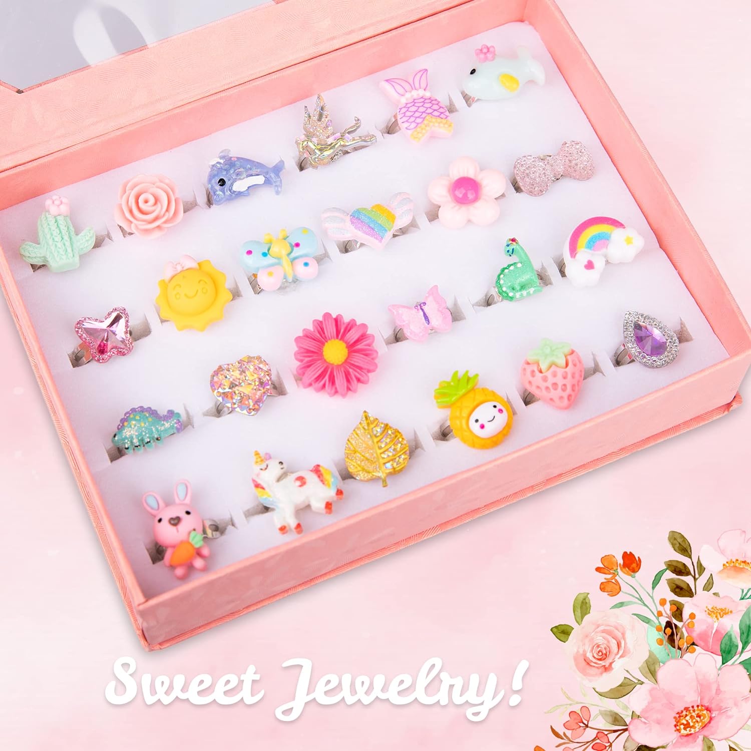 ArtCreativity Little Girls Jewelry Rings in Gift Box, Set of 24 Cute Rings, Lovely Rings for Little Girls, No Duplicates, Girls Jewelry in Gift Box, Pretend Play & Dress Up Rings for Girls Ages 3+
