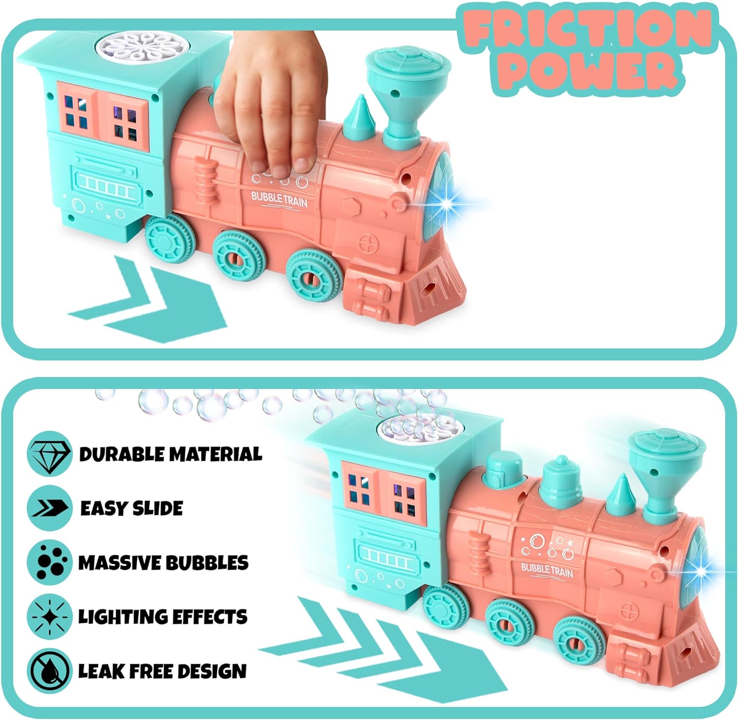 Bubble Blowing Toy Train with Lights, Includes 2 Bottles Bubble Solution, Friction Powered LED Toy Train for Boys & Girls, Bubble Blower Machine Outdoor Activity, Birthday Gift for Kids