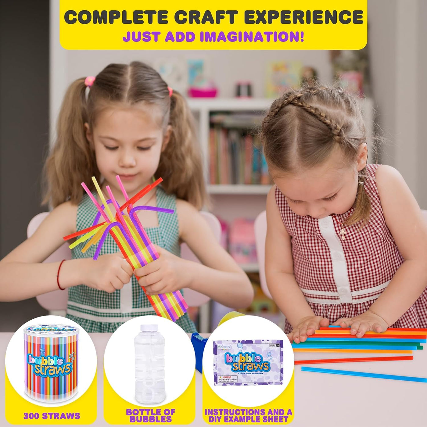 Bubble Straws by ArtCreativity - DIY Bubble Wand Craft for Kids - Set of 300 Straws, Bubble Solution and How-to Guide - - Bubble Wand Craft for Toddlers in 6 Colors - Bubble Blower Craft Ages 4-10