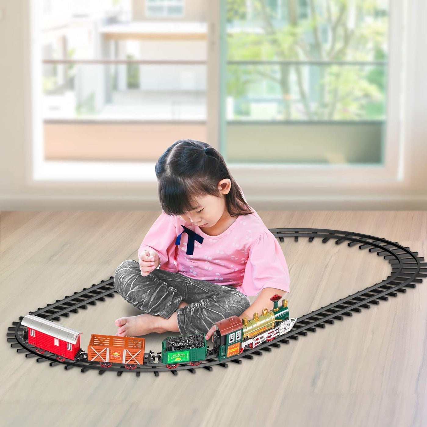 ArtCreativity Electric Train Set for Kids - Battery-Operated Toy with 4 Cars and Tracks - Durable Plastic - Cute Christmas Holiday Train for Under The Tree, Great Gift Idea for Boys, Girls, Toddlers