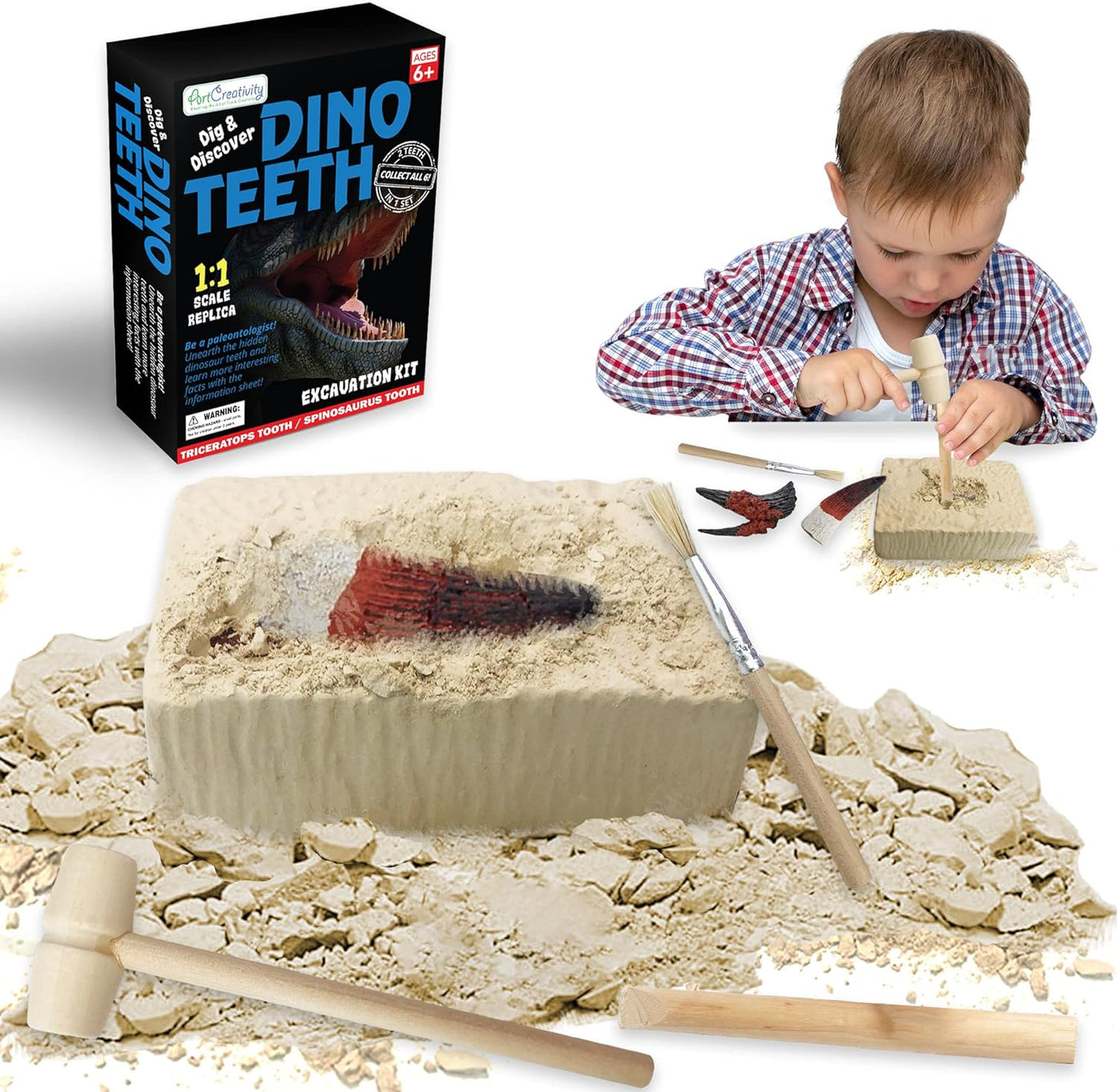 ArtCreativity Dino Teeth Dig and Discover Excavation Kit for Kids, Includes Triceratops and Spinosaurus Toy Fossil Teeth with 2 Digging Tools, Interactive Dinosaur Gifts for Boys and Girls
