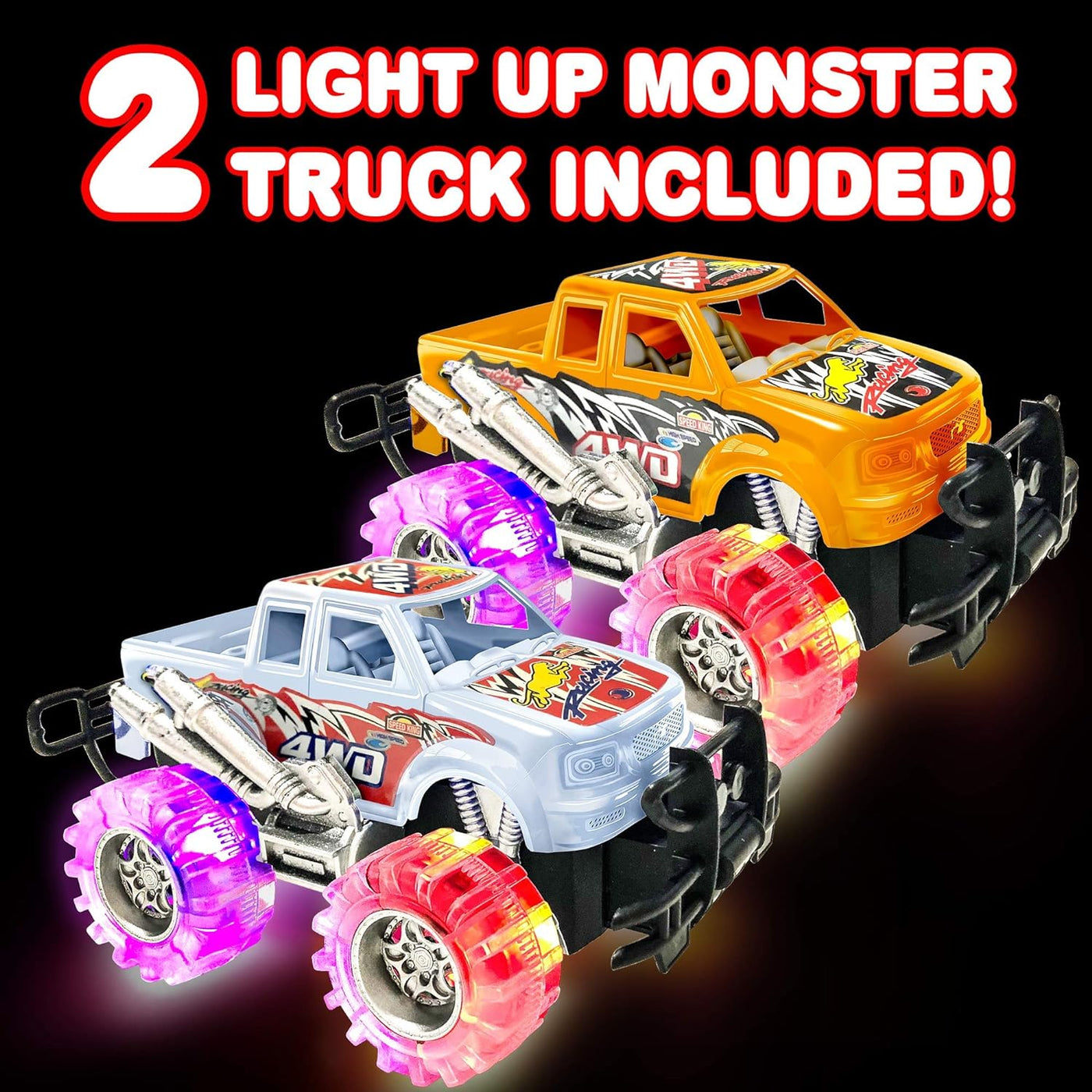 ArtCreativity Orange and White Light Up Monster Truck Set for Boys and Girls, Set Includes 2, 6 Inch Monster Trucks with Beautiful Flashing LED Tires, Push n Go Toy Cars, Best Gift for Kids Ages 3+