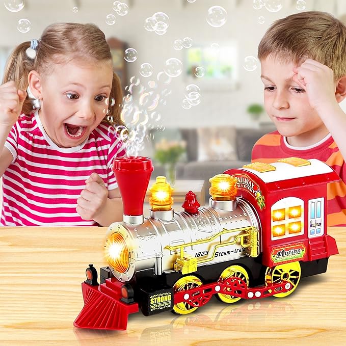 Bubble Blowing Toy Train with Lights & Sounds, Bump and Go Toddler Train Toys for Around The Tree, Kids Bubble Machine, for Boys & Girls Ages 1-6