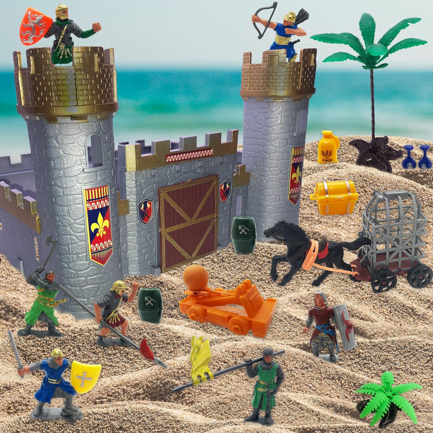 ArtCreativity Medieval Castle Knights Playset for Kids, 27-Piece Deluxe Action Figure Play Set with Storage Bucket, Assembly Castle, 6 Knight Action Figures, Horse Drawn Carriage, Catapult, and More