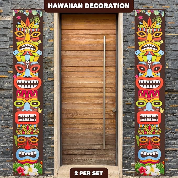 ArtCreativity Hawaiian Luau Party Decorations - Set of 2 Banners - 6 x 1 Feet - Tropical Party Decor with Colorful Tiki Faces - Nylon Tiki Themed Party Decorations for Indoors and Outdoors