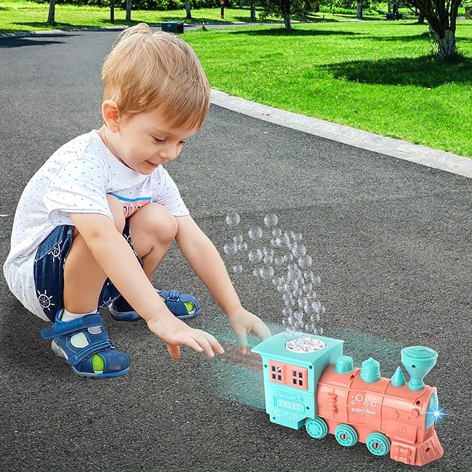 Bubble Blowing Toy Train with Lights, Includes 2 Bottles Bubble Solution, Friction Powered LED Toy Train for Boys & Girls, Bubble Blower Machine Outdoor Activity, Birthday Gift for Kids