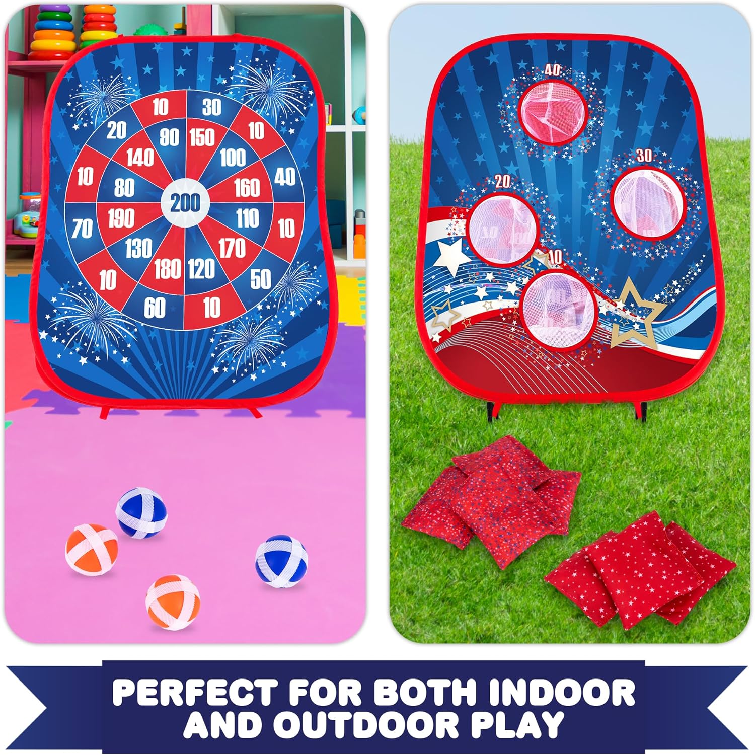 ArtCreativity 2 in 1 Bean Bag Toss Game and Sticky Ball Darts Game - Indoor and Outdoor Bean Bag Toss for Kids - Pop-Up Design for Quick Setup - Toddler Throwing Game with American Patriotic Theme