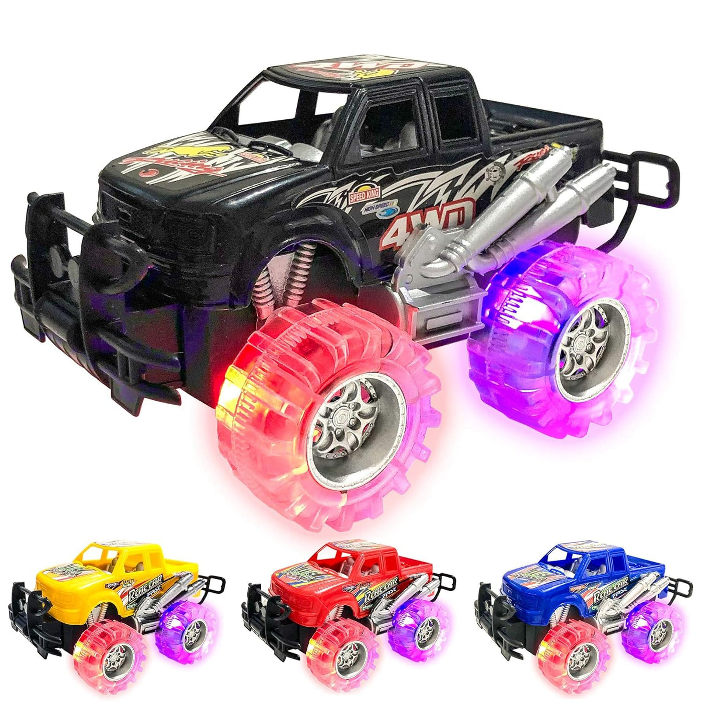 Light Up Monster Trucks Set of 4 - Black, Red, Blue, and Yellow