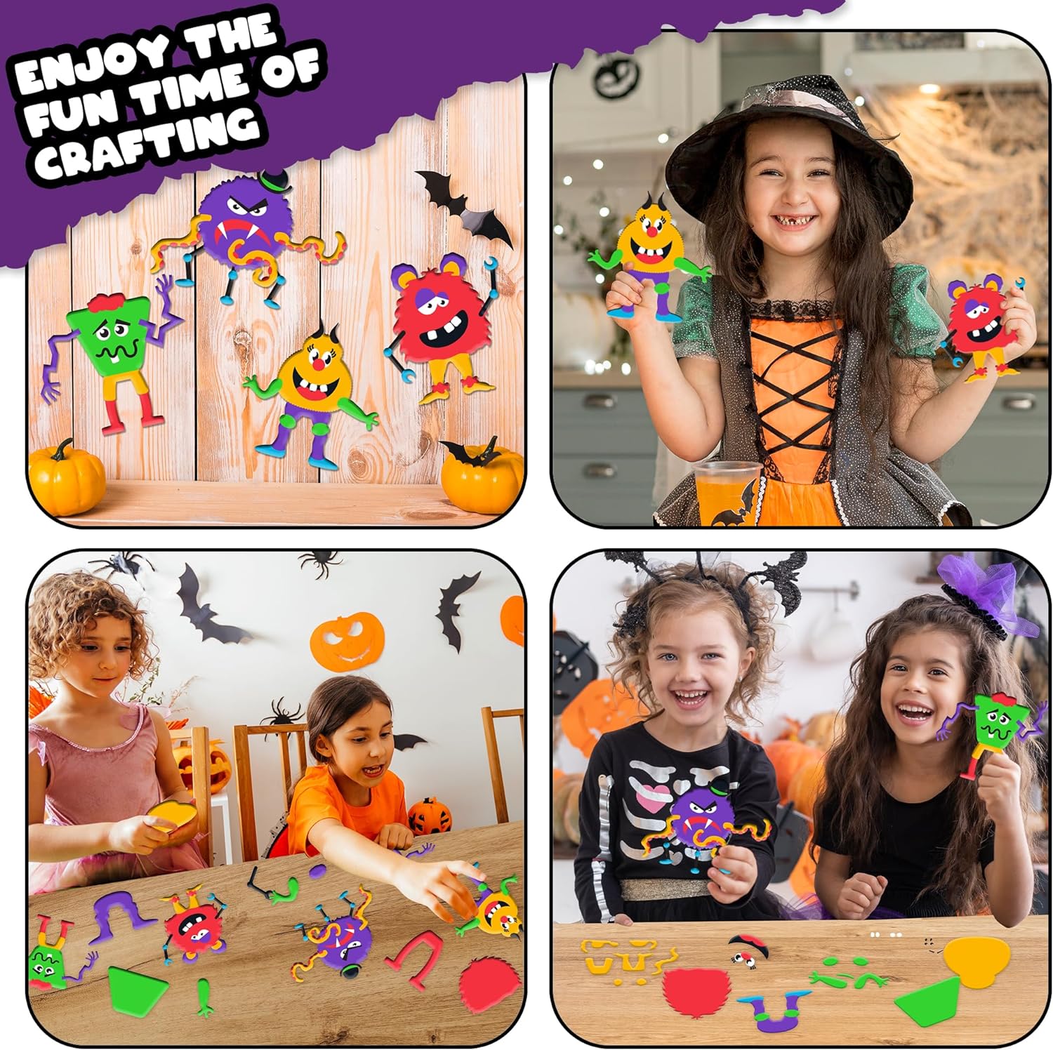 ArtCreativity DIY Halloween Foam Monster Craft Kit - 12 Sets - Mess-Free Halloween Craft Kits - Classroom and Halloween Party Activity for Kids