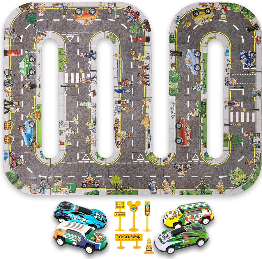 ArtCreativity Road Puzzle Track for Kids - 29 Piece Set with 4 Floor Puzzle Cars, 5 Traffic Accessories, and 20 Cardboard Puzzle Pieces - Toddler Floor Puzzle Tracks with Vehicles
