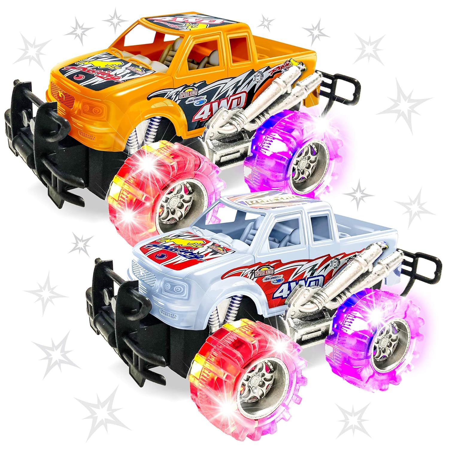 ArtCreativity Orange and White Light Up Monster Truck Set for Boys and Girls, Set Includes 2, 6 Inch Monster Trucks with Beautiful Flashing LED Tires, Push n Go Toy Cars, Best Gift for Kids Ages 3+