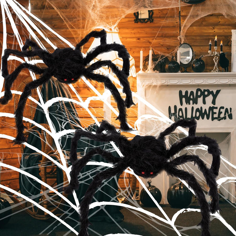 Giant Spider Halloween Decorations, Includes Two 24" Spiders and a 16.4' Spider Web, Outdoor Spider Web Decoration with 2 Giant Spiders, Outdoor Halloween Decorations for Haunted House