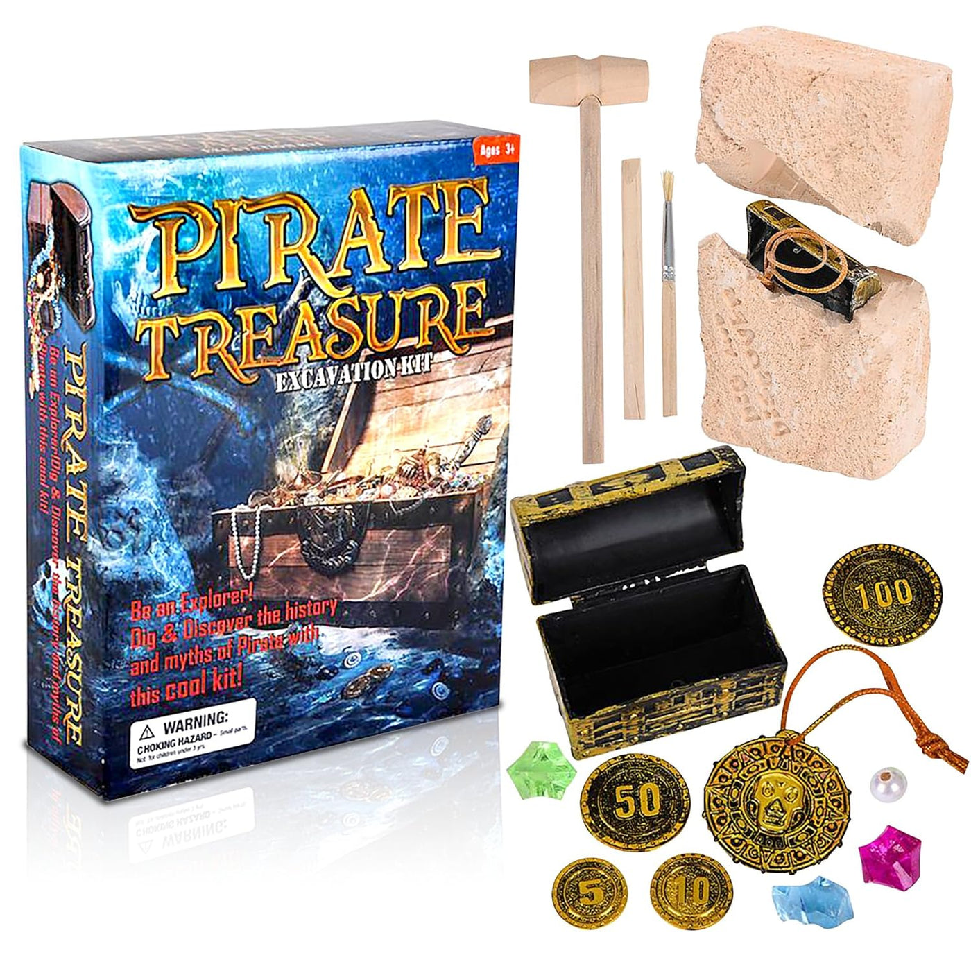 ArtCreativity Pirate Treasure Dig Kit for Kids - Gem Excavation Set with Digging Tools - Interactive Excavating Toys - Great Birthday Gift Idea, Contest Prize for Boys and Girls