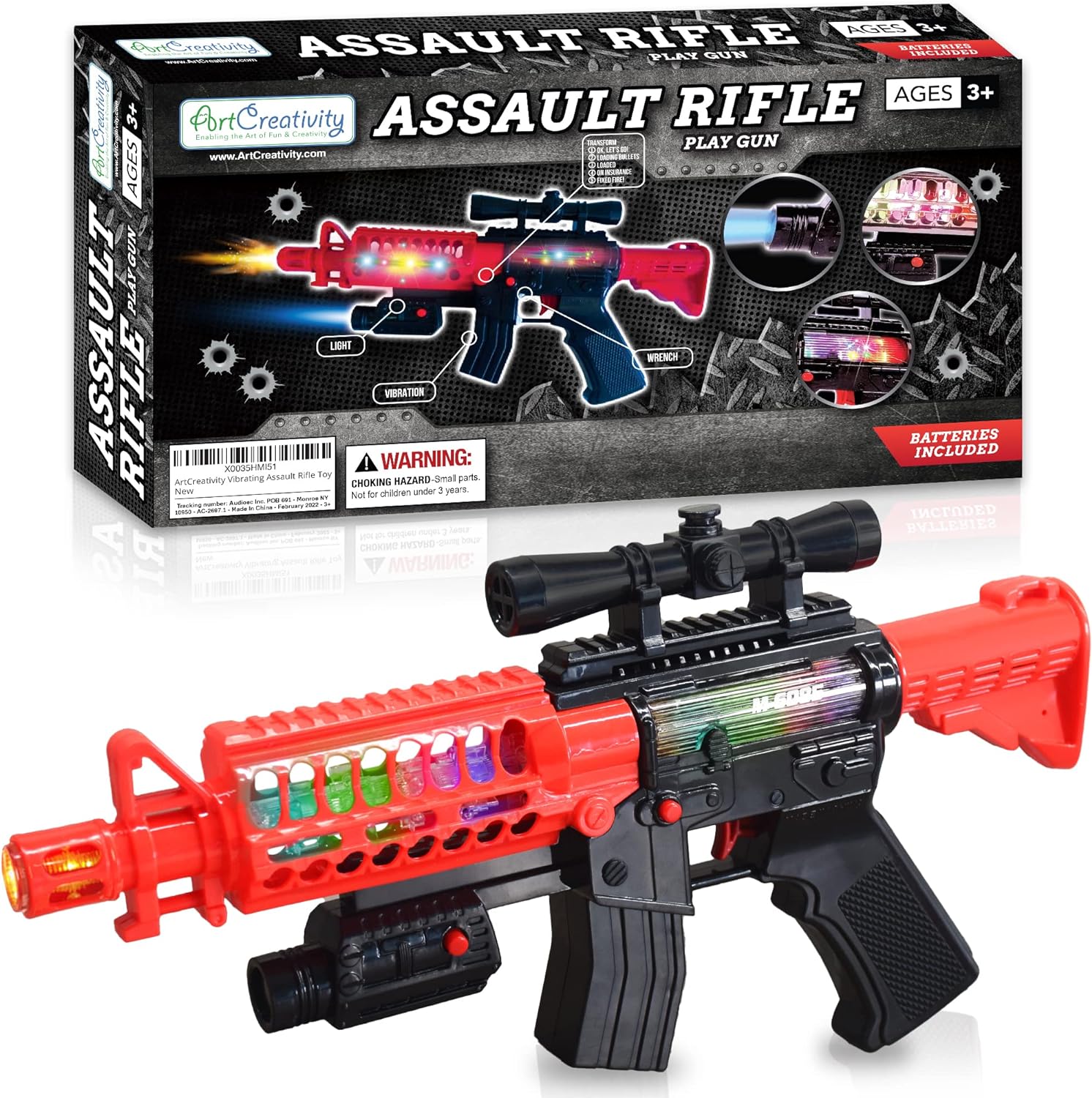 Artcreativity Toy Rifle Vibrating Toy Guns for Boys, 13.25 Inch Light Up Fake Gun with Sounds, Immersive Vibration, and Batteries Included, Military Toy Machine Gun, Toy Guns for Boys 8-12