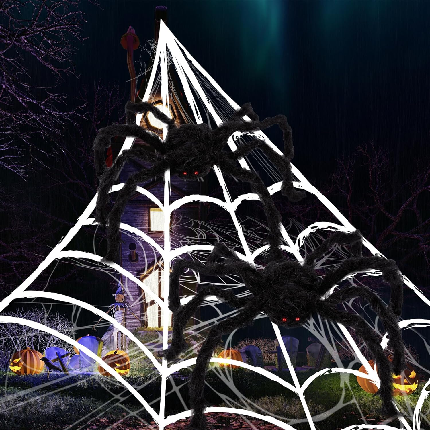 Giant Spider Halloween Decorations, Includes Two 24" Spiders and a 16.4' Spider Web, Outdoor Spider Web Decoration with 2 Giant Spiders, Outdoor Halloween Decorations for Haunted House