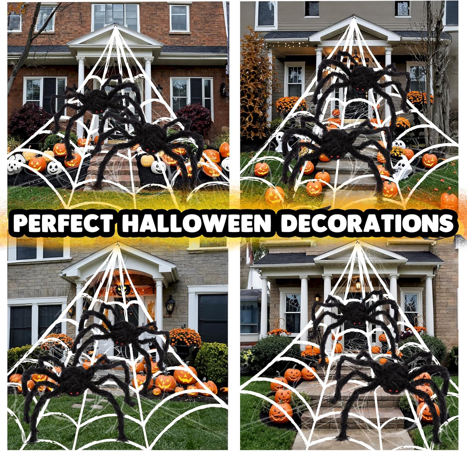 Giant Spider Halloween Decorations, Includes Two 24" Spiders and a 16.4' Spider Web, Outdoor Spider Web Decoration with 2 Giant Spiders, Outdoor Halloween Decorations for Haunted House