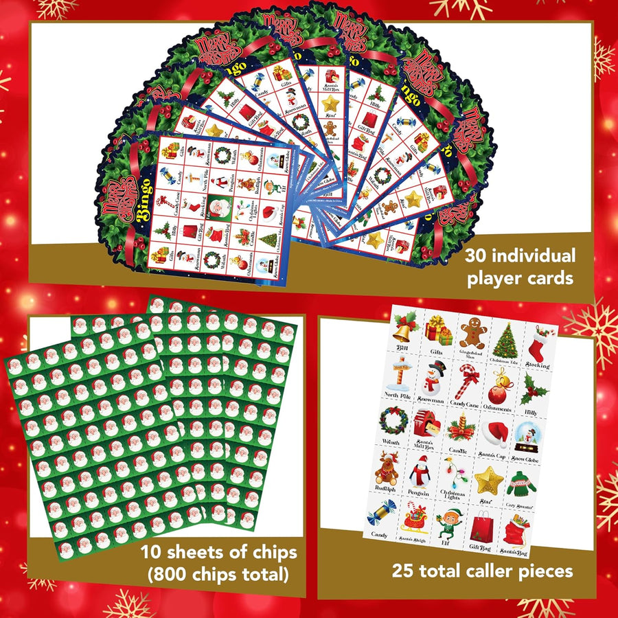 Christmas Bingo Game - 30 Players Kids Christmas Bingo - Holiday 30 Player Cards for Family Game Night - Christmas Games for Classroom