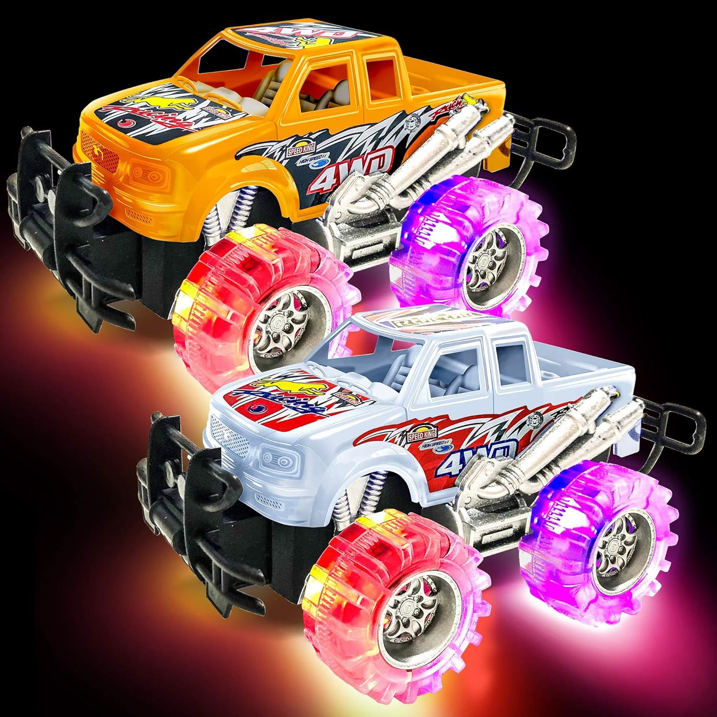 ArtCreativity Orange and White Light Up Monster Truck Set for Boys and Girls, Set Includes 2, 6 Inch Monster Trucks with Beautiful Flashing LED Tires, Push n Go Toy Cars, Best Gift for Kids Ages 3+