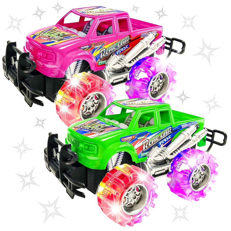 Pink and Green Light Up Monster Truck Set for Boys and Girls, Set Includes 2, 6 Inch