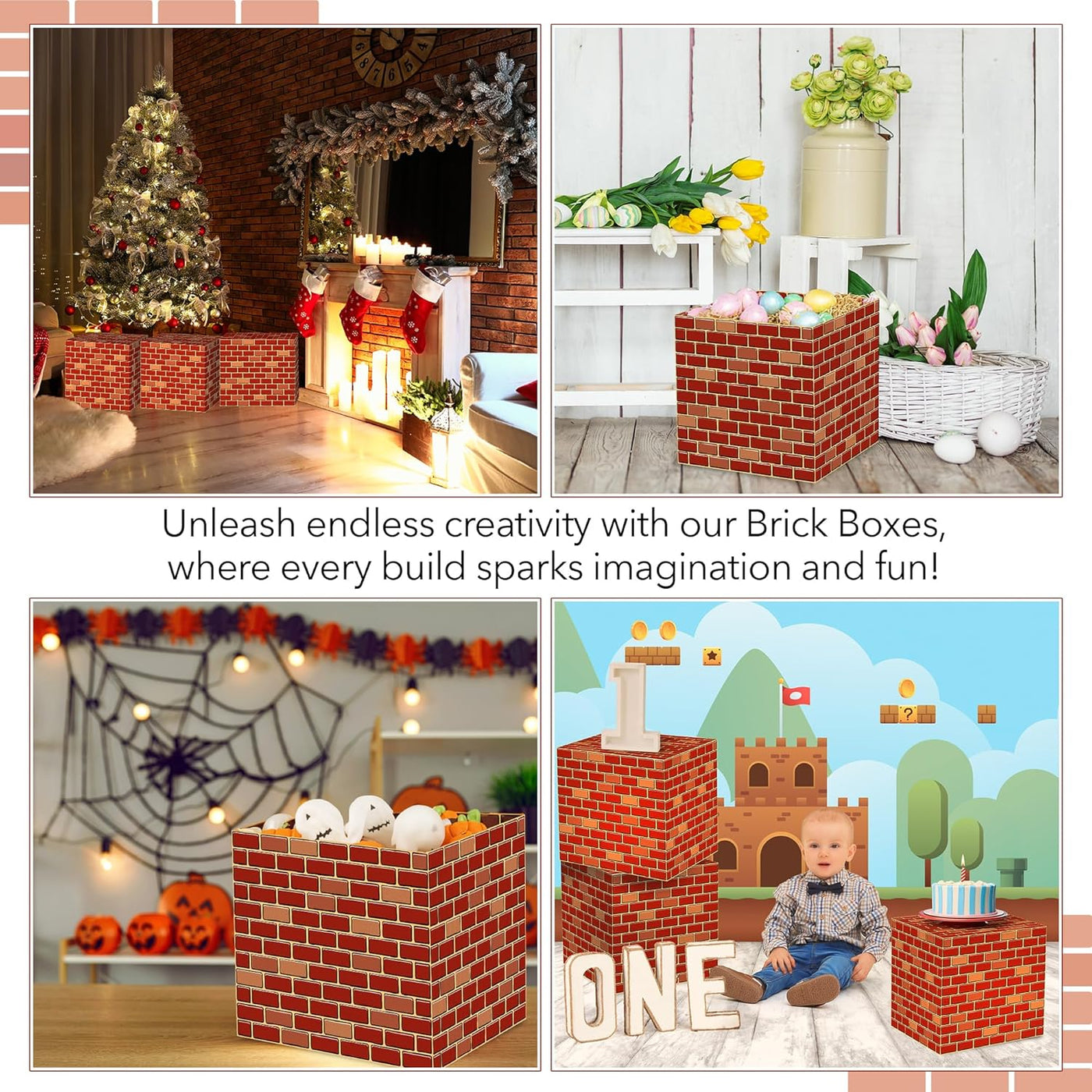 Brick Boxes for Gamer Party Decorations - Set of 6-11.8 x 11.8 Inches - Brick Box Video Game Birthday Decorations with a Retro Brick Design - Easy to Assemble - Video Game Party Supplies