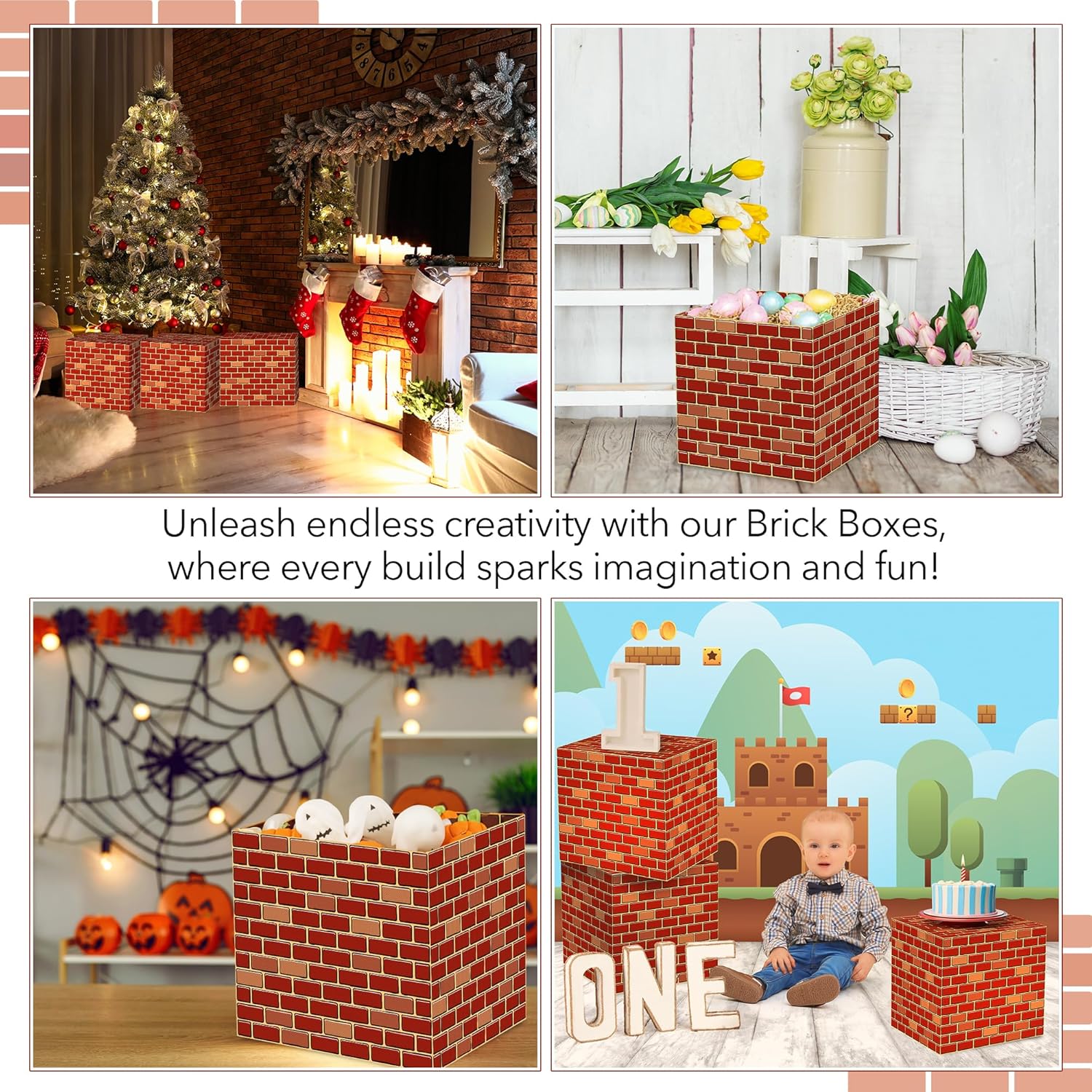 Brick Boxes for Gamer Party Decorations - Set of 6-11.8 x 11.8 Inches - Brick Box Video Game Birthday Decorations with a Retro Brick Design - Easy to Assemble - Video Game Party Supplies